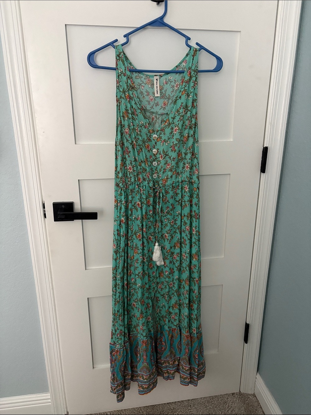 Boho Mint Floral Maxi Dress with Tassel Tie